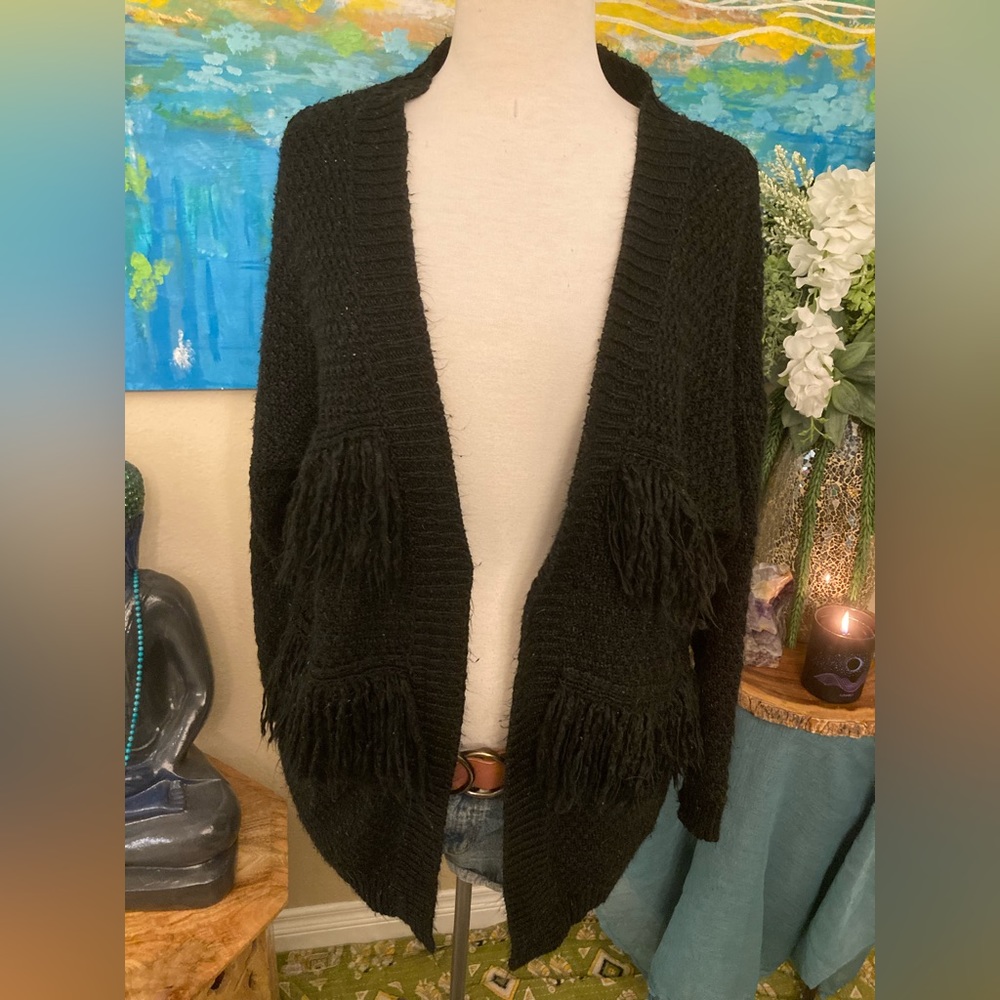 Cardigan, boho style Black thick knit fringe cardigan, long sleeve cardigan